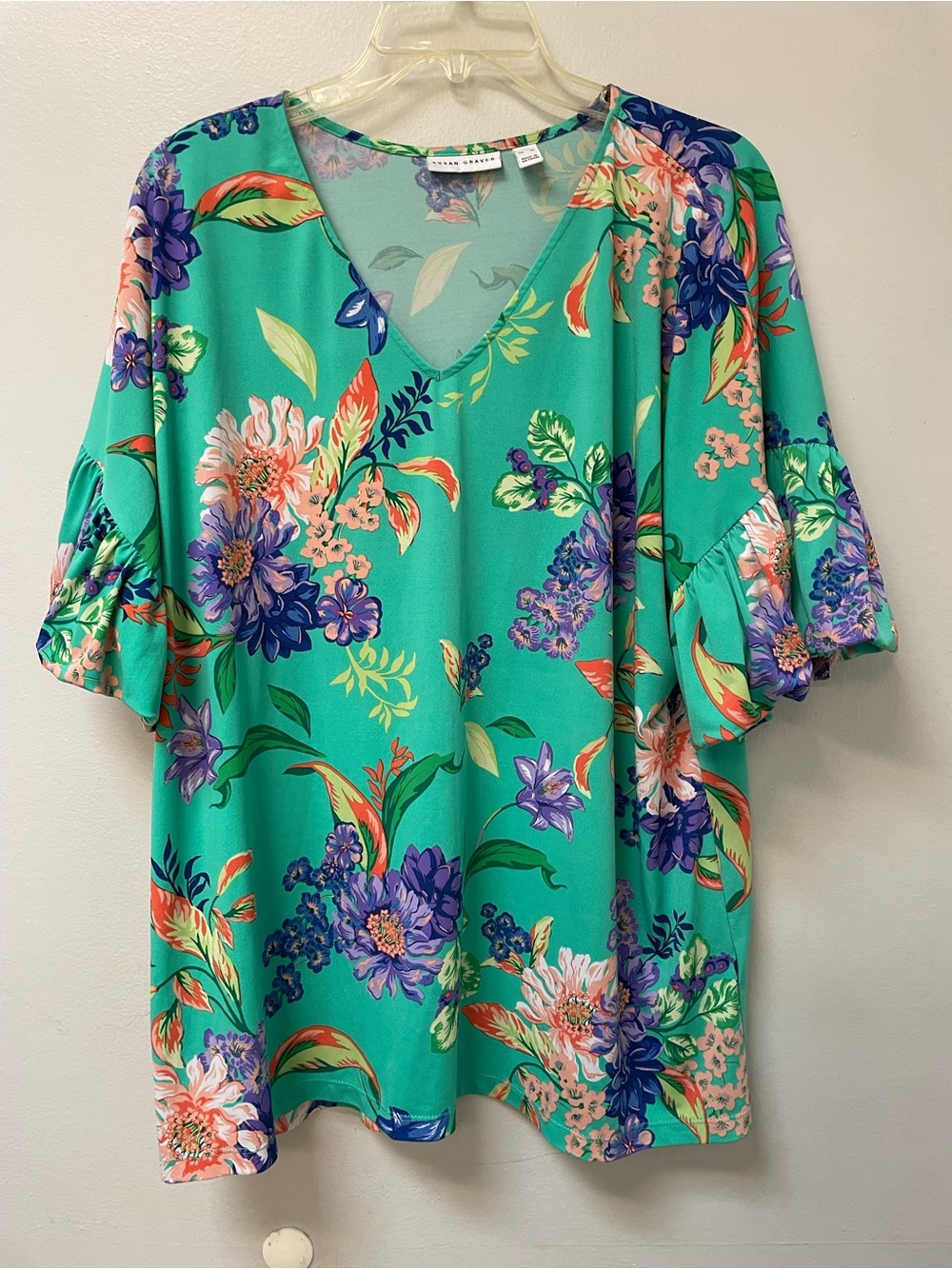 Susan Graver Floral V-Neck Blouse in Green & Purple Size XL Like New